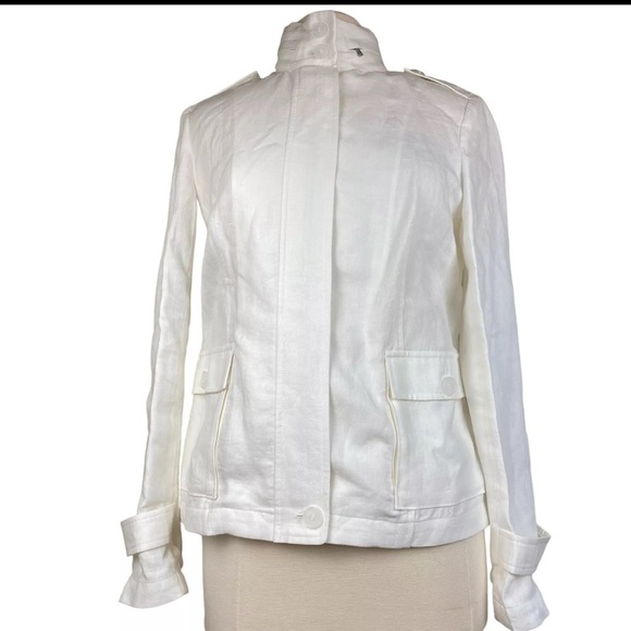 Talbots white Linen full front zipper utility high collar hiddenhoodie jacket 14 - Picture 1 of 13